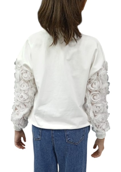 Kız Çocuk Tül Kollu Gül Detaylı Sweatshirt ve Bol Paça Kot Pantolon Takımı indirimleri
