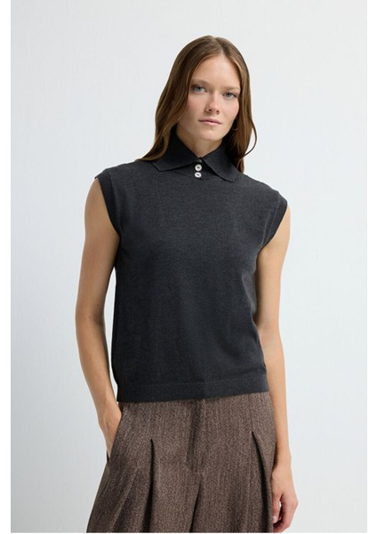 Dik Yaka Triko Bluz Antrasit 11545647000