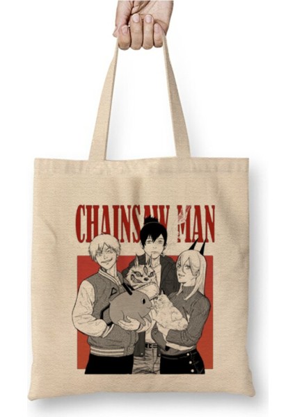 Chainsaw Man Beyaz Bez Çanta Uzun Saplı Alışveriş Çantası Plaj Çantası