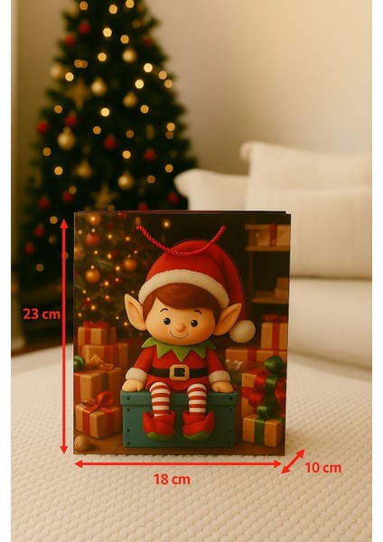 3 Boyutlu Küçük Elf Yılbaşı Temalı Hediye Paketi & Çanta & Poşet 23*18*10 cm modelleri