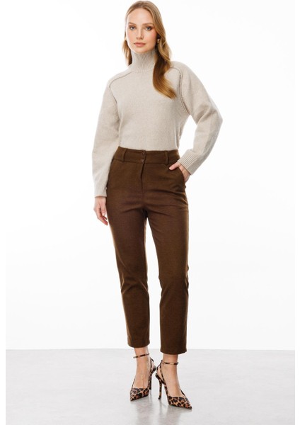 Düğme Detaylı Pantolon-Kahve