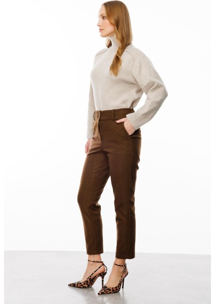 Düğme Detaylı Pantolon-Kahve