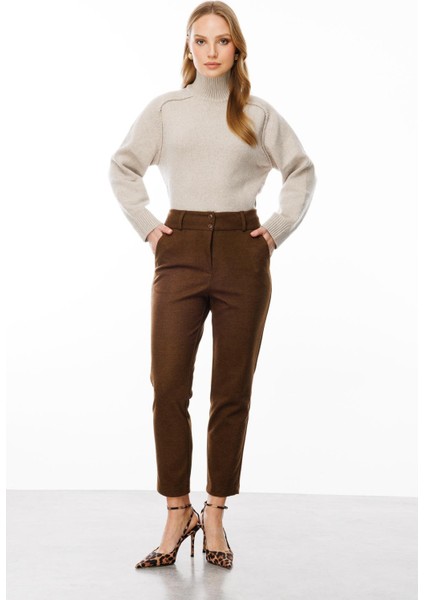 Düğme Detaylı Pantolon-Kahve