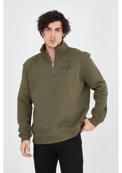 Erkek Yarım Fermuarlı Baskılı Sweat - Yeşil fırsatları
