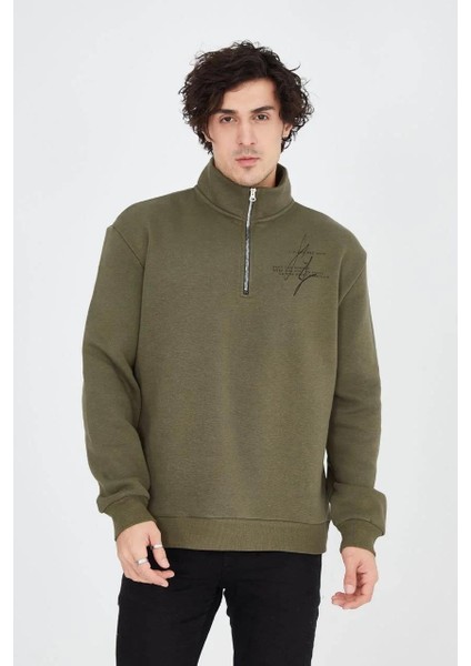 Erkek Yarım Fermuarlı Baskılı Sweat - Yeşil