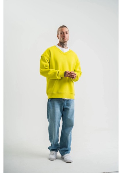 Geniş V Yaka Kol Ribana Detaylı Sweatshirt - Sarı
