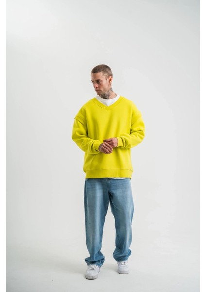 Geniş V Yaka Kol Ribana Detaylı Sweatshirt - Sarı fiyatları