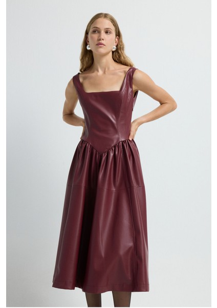 Kolsuz Midi Boy Deri Elbise Bordo 12445584000 fırsatları