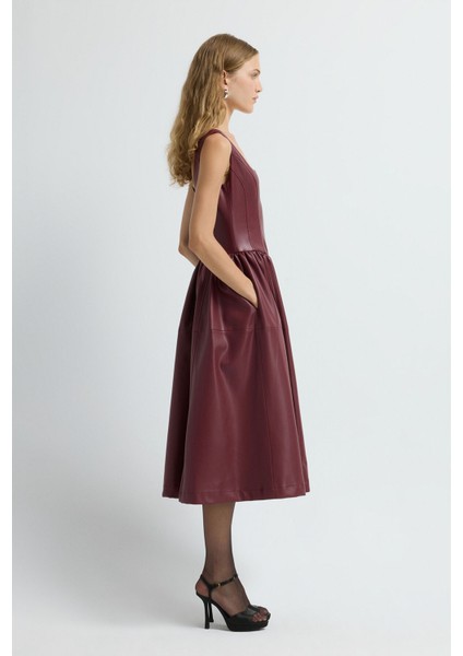 Kolsuz Midi Boy Deri Elbise Bordo 12445584000 indirimleri