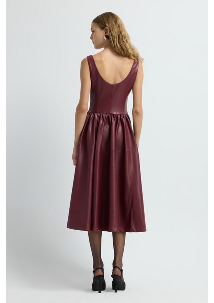 Kolsuz Midi Boy Deri Elbise Bordo 12445584000
