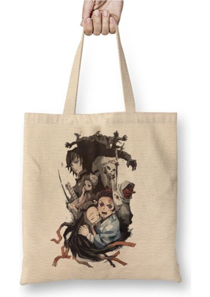Demon Slayer Iblis Keser Anime Beyaz Bez Çanta Uzun Saplı Alışveriş Çantası Plaj Çantası