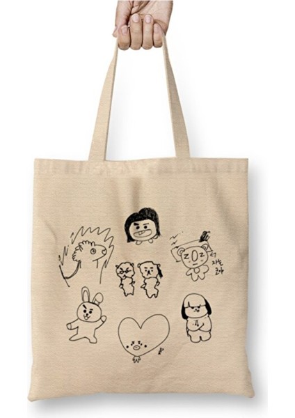 Bts BT21 Drawing Black Beyaz Bez Çanta Uzun Saplı Alışveriş Çantası Plaj Çantası