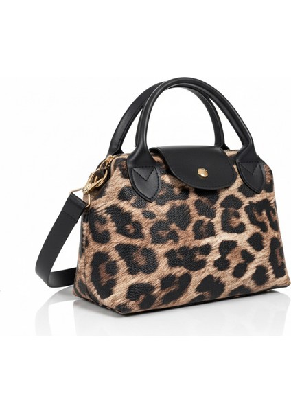 Siyah Leopar Kadın Omuz ve El Çantası