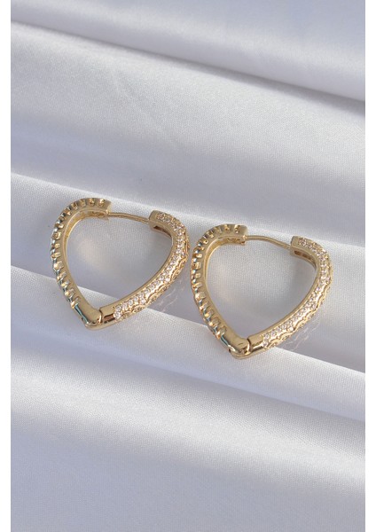 Pirinç Gold Renk Zirkon Taşlı Motifli Kalp Küpe - Lisinya modelleri