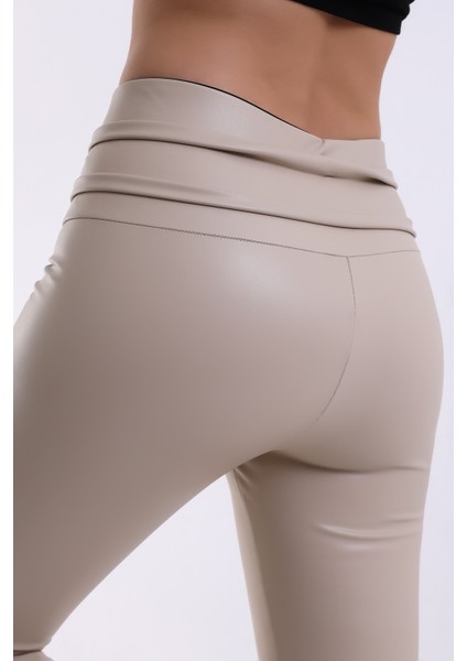 Deri Tayt Bel Detaylı Ekru