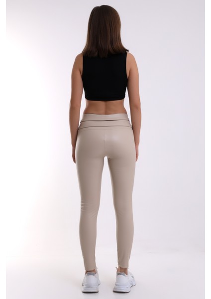 Deri Tayt Bel Detaylı Ekru