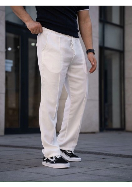 Mdb Erkek Keten Cepli Çıma Dikişli Jogger Buggy Pantalon Rahat Kalıp Beyaz