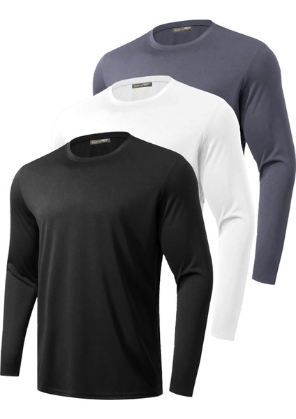 3'lü Paket Erkek %100 Pamuklu Likralı Spor Koşu Günlük Antrenman Uzun Kollu Penye T-Shirt
