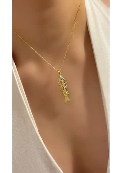 Altın Kaplama Hareketli Bereket Turkuaz Gözlü Balık Kolye 925 Ayar Gümüş