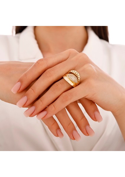 Altın Taşlı Tasarım Yüzük - 14K