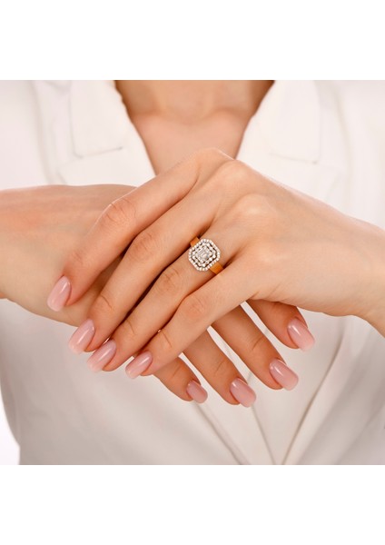 Altın Baget Taşlı Tasarım Yüzük - 14K