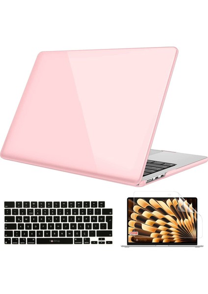 Macbook Air M4 M3 M2 Çip 13.6" A3240 A3113 A2681 ile Uyumlu Parlak Kılıf + Siyah Klavye Kılıfı +Ekran Koruyucu Film
