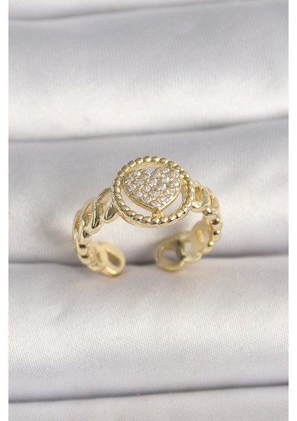bulurum pirinç gold renk ayarlanabilir zirkon taşlı kalp model kadın yüzük