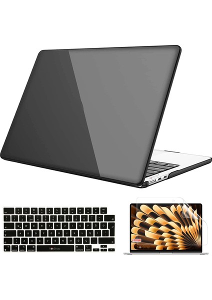 Macbook Air M4 M3 M2 Çip 13.6" A3240 A3113 A2681 ile Uyumlu Parlak Kılıf + Siyah Klavye Kılıfı +Ekran Koruyucu Film