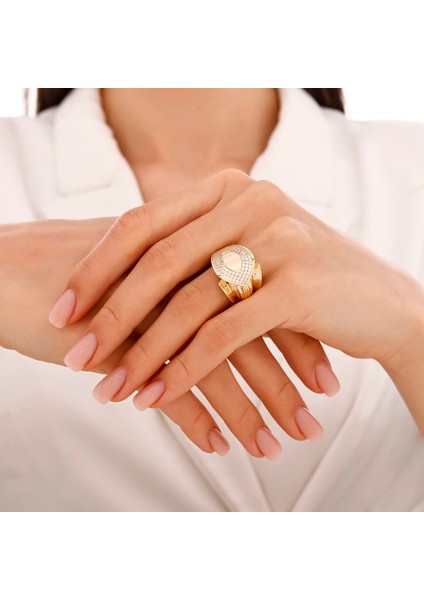 Altın Taşlı Tasarım Yüzük - 14K