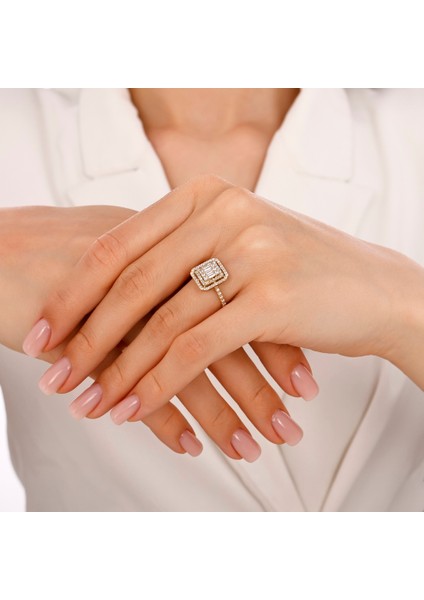 Altın Baget Taşlı Tasarım Yüzük - 14K