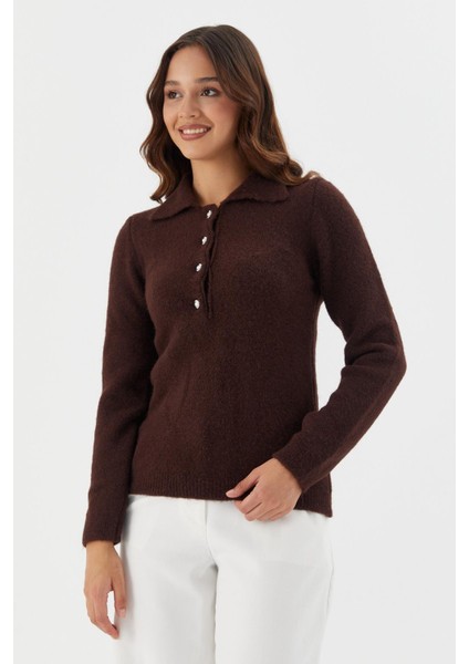 Yumuşak Dokulu Düğmeli Triko Kazak Kahve