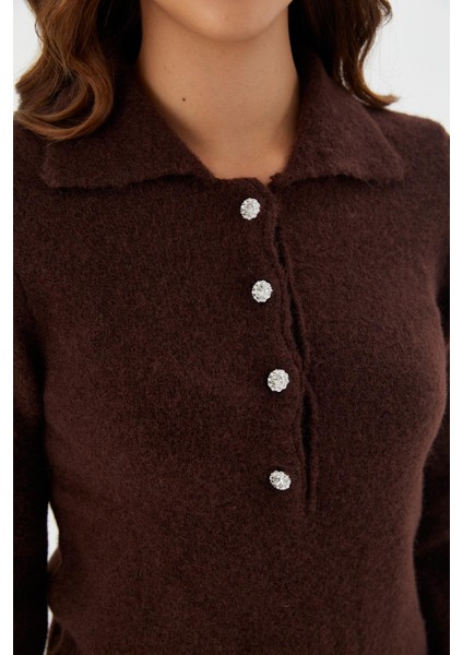 Yumuşak Dokulu Düğmeli Triko Kazak Kahve fiyatları