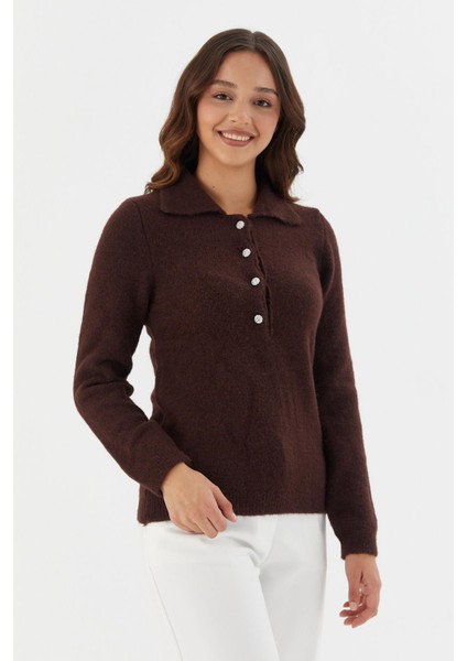 Yumuşak Dokulu Düğmeli Triko Kazak Kahve modelleri