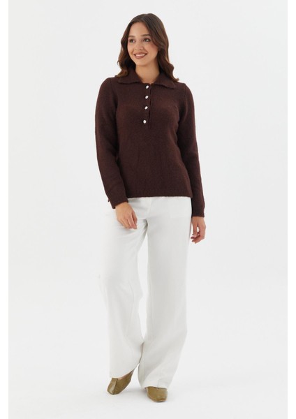 Yumuşak Dokulu Düğmeli Triko Kazak Kahve fırsatları