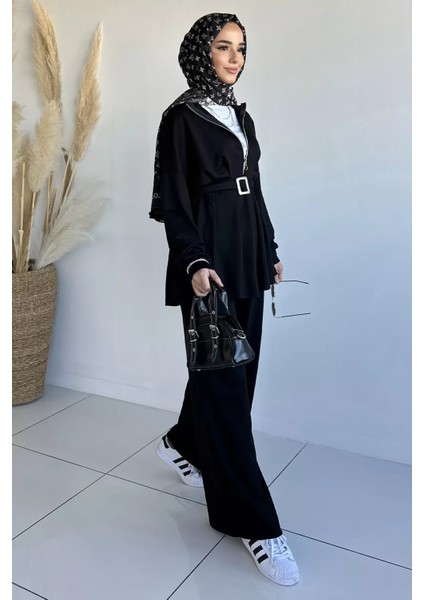 Ön Fermuarlı Pileli Tunik Bel Lastikli Pantolon Tesettür Ikili Takım P-00018989