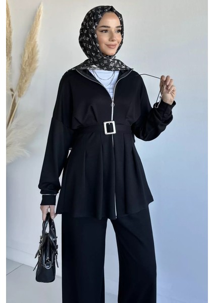 Ön Fermuarlı Pileli Tunik Bel Lastikli Pantolon Tesettür Ikili Takım P-00018989 modelleri