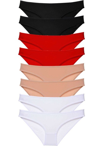 8 adet Süper Eko Set Likralı Kadın Slip Külot Siyah Kırmızı Ten Beyaz