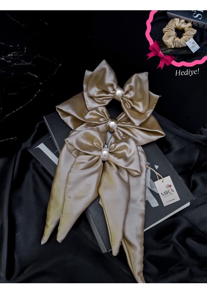 Kadın 3’lü Fiyonk Saç Tokası Seti + Scrunchie Hediyeli - Bej Parıltı