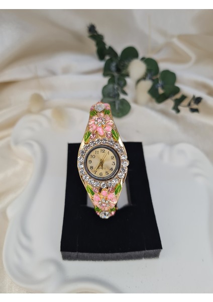 Vintage Çiçek Desenli Taşlı Bilezik Saat – Gold Pembe Zarif Kadın Kol Saati fiyatları