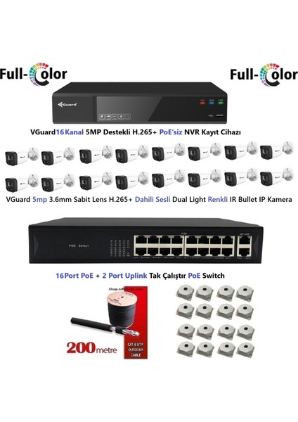 Nif Bilişim Vguard 5mp Dahili Sesli ve Gece Renkli 16 Kameralı Tak Çalıştır Hazır Ip Kamera Seti Disk Yoktur