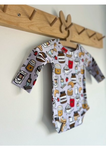 Nutella Kruvasan Desen Lila %100 Organik Pamuklu Unisex Bebek Body Zıbın modelleri