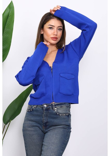 Saks Mavi Çift Cepli Fermuarlı Triko Hırka