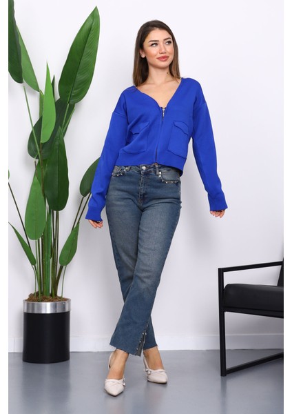 Saks Mavi Çift Cepli Fermuarlı Triko Hırka fiyatları