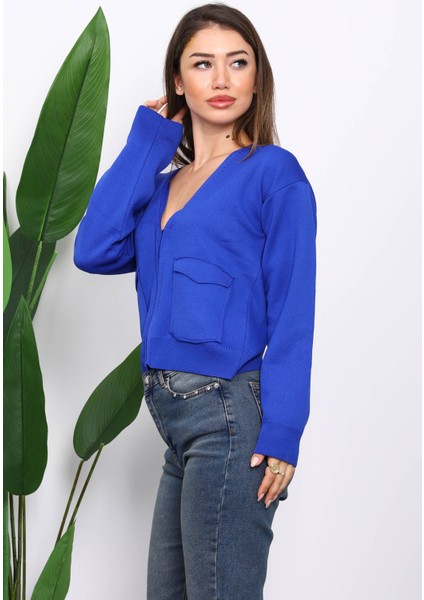 Saks Mavi Çift Cepli Fermuarlı Triko Hırka modelleri
