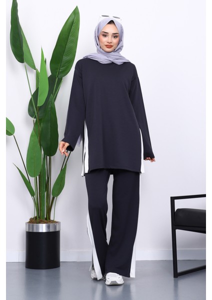 Antrasit Renk Bloklu Modal Tunik Pantolonlu Takım