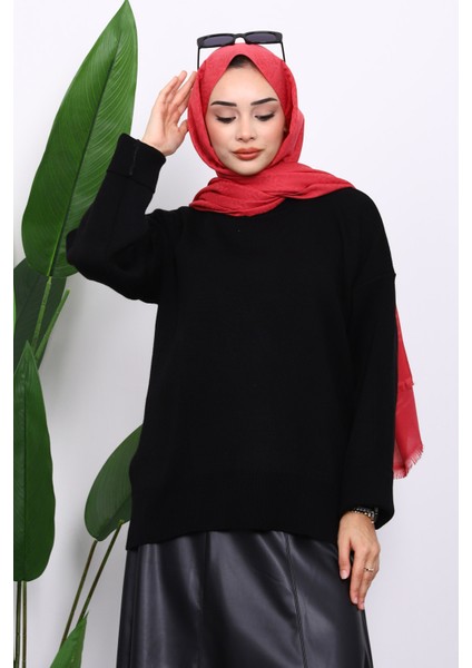 Siyah Bisiklet Yaka Yumuşak Dokulu Oversize Triko Kazak