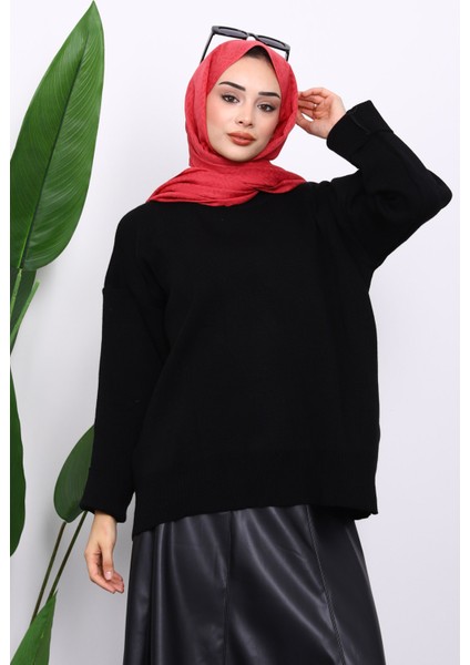 Siyah Bisiklet Yaka Yumuşak Dokulu Oversize Triko Kazak modelleri