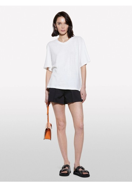 Keten Karışımlı Bisiklet Yaka T-Shirt Kadın Beyaz T-Shirt - 325P3UTFL107C