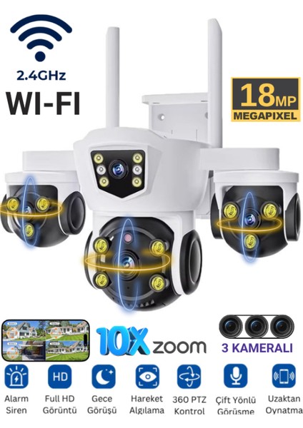 MPI MIZU 18MP WİFİ Güvenlik Kamerası 3 Kameralı Türkçe PTZ Hareketli Gece Görüşlü Akıllı Kamera