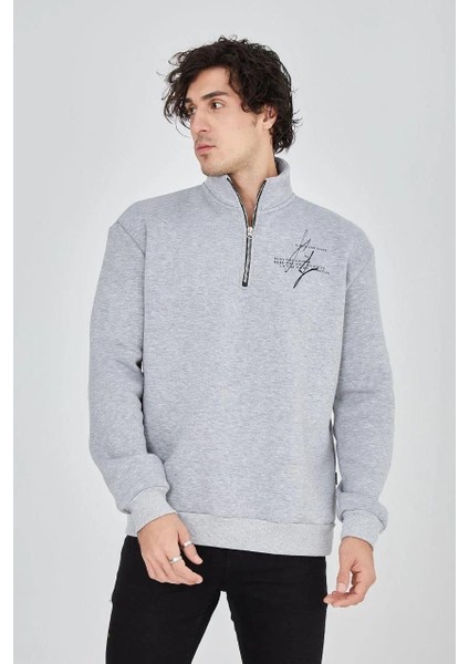 Erkek Yarım Fermuarlı Baskılı Sweat - Gri
